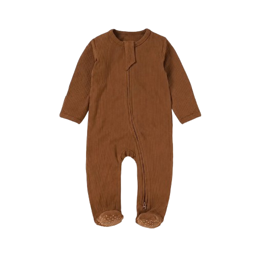 Chocolate Scoop | Ribbed Organic Cotton Footed Romper & Knotted Beanie Set