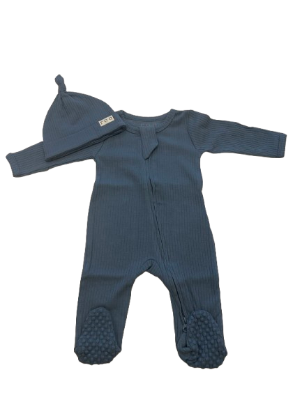 Moon Watcher | Ribbed Organic Cotton Footed Romper & Knotted Beanie Set