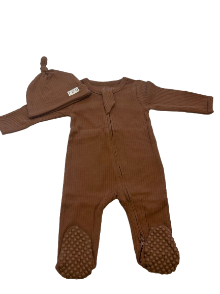 Chocolate Scoop | Ribbed Organic Cotton Footed Romper & Knotted Beanie Set