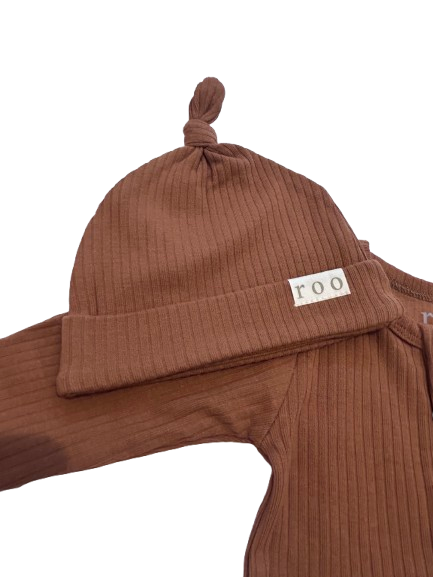 Chocolate Scoop | Ribbed Organic Cotton Footed Romper & Knotted Beanie Set