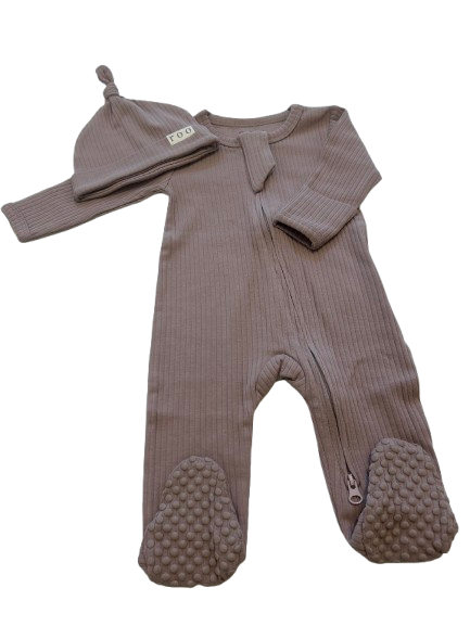 Mushroom Melody | Ribbed Organic Cotton Footed Romper & Knotted Beanie Set
