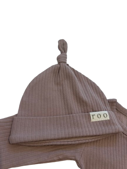 Mushroom Melody | Ribbed Organic Cotton Footed Romper & Knotted Beanie Set
